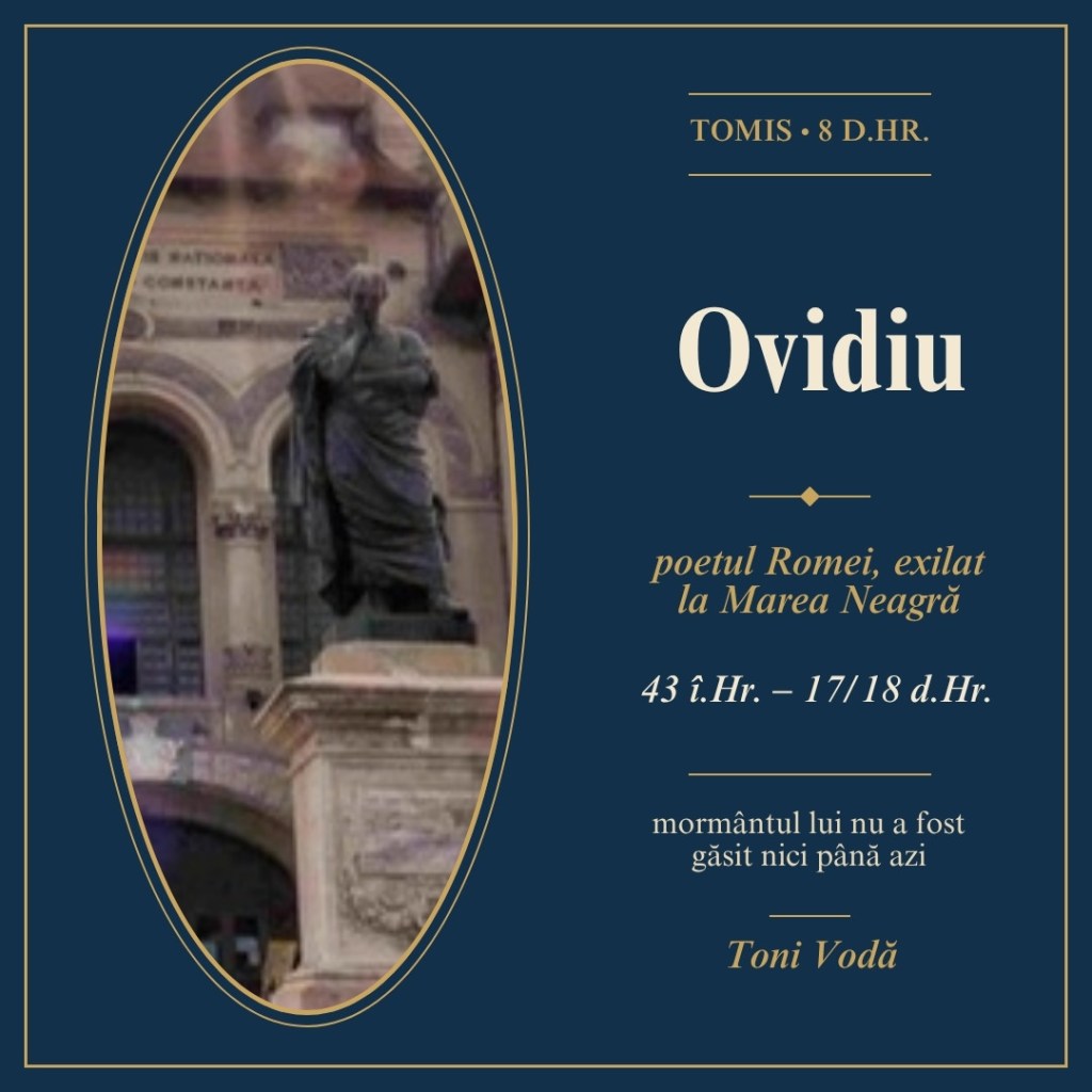 Statuia lui Ovidiu din Piața Ovidiu, Constanța, cu textul: Ovidiu, poetul Romei exilat la Marea Neagră, 43 î.Hr. – 17/18 d.Hr.
